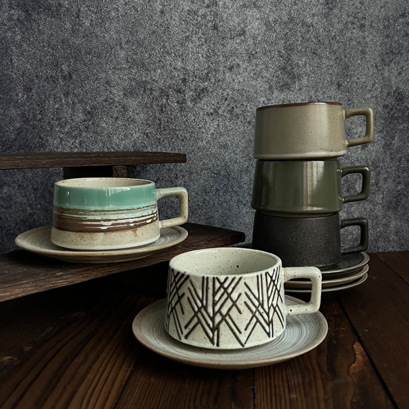 Espresso Cup Saucer - Retro steengoed koffiekop- en schotelset -