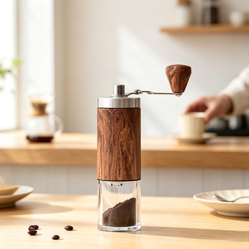 Burr Hand Grinder - Draagbare handmatige koffiemolen met houtnerf, roestvrijstalen