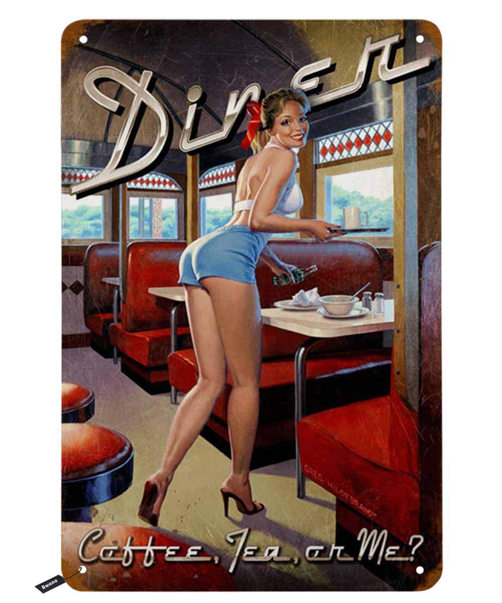 Coffee Tea With Me - Swono Dinner Tin Signs, Pinup Girl